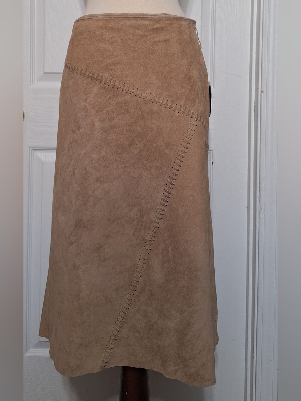 NWT CABO Tan Suede Leather Solid A-Line Midi Skirt Size 12 Zip Closure Laced